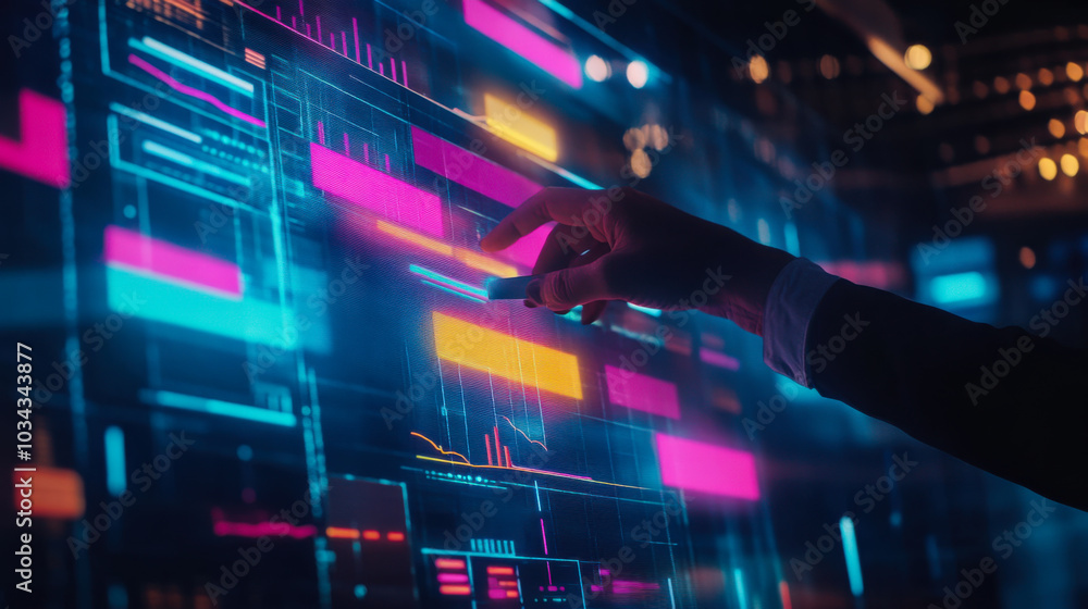 Poster a person interacts with a colorful digital display featuring data visualizations in a high-tech envi