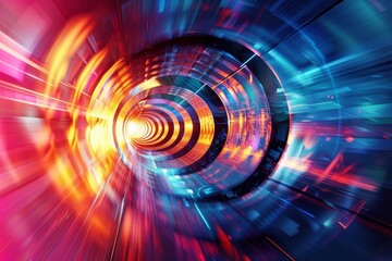 A vivid tunnel filled with swirling light patterns creates a sense of motion, inviting viewers to experience a burst of energy and excitement.