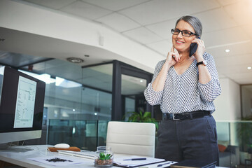 Business, mature woman and happy on phone call at office with conversation for consultation and...