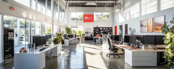 Modern office with white desks and computers.
