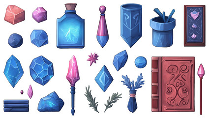 Set of casual game assets on transparent background in flat style
