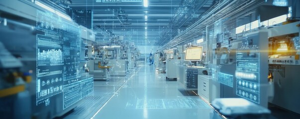 Fototapeta premium Factory floor with digital overlays.