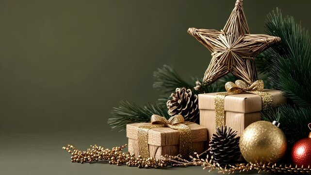 Elegant christmas gift arrangement with pine cones, stars, and greenery