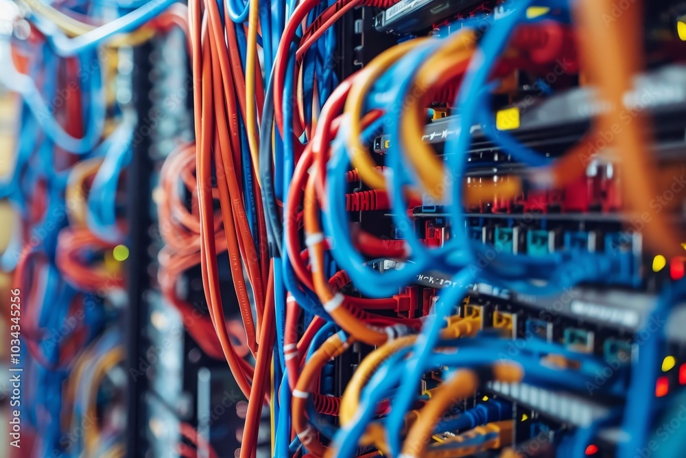 Poster a vibrant array of network cables, mainly blue and orange, intertwines in a data center, highlightin