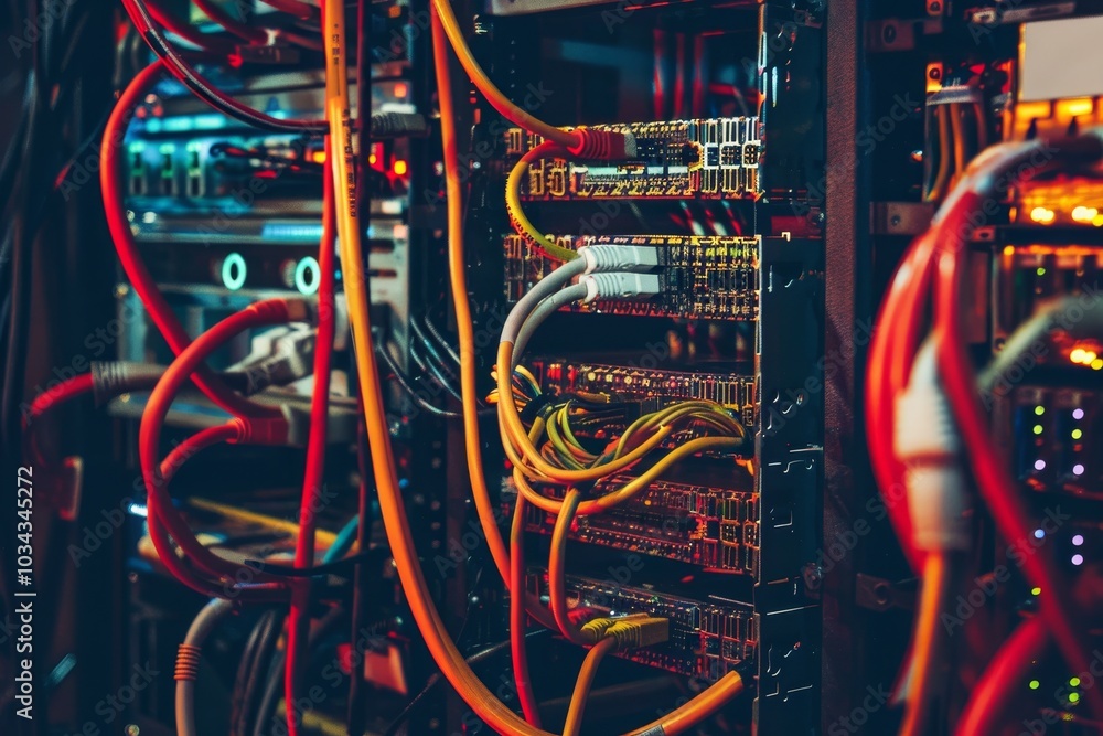Poster colorful wires connect various network devices within a data center, highlighting technology and the