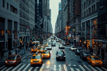 In the heart of New York City during twilight, yellow taxis navigate through a bustling street lined with towering skyscrapers and glowing lights.
