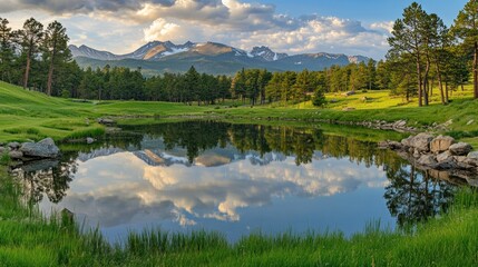 Mountain Range Reflected in a Still Lake with Lush Grass and Trees