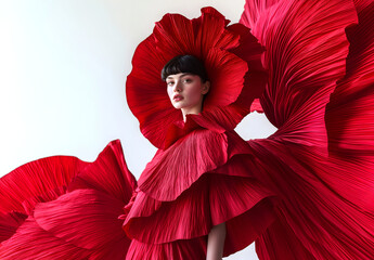 Fashion editorial Concept. Bob hair woman of high fashion couture tulle flowing conceptual and pleats petal like rec dress. illuminated dynamic composition dramatic lighting. copy text space