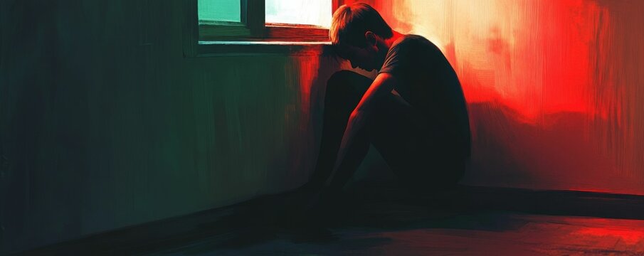 Silhouetted person hunched in a red corner.