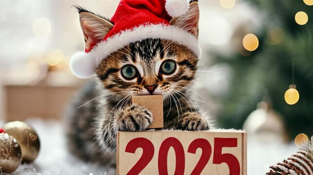 Adorable kitten with santa hat celebrating new year 2025 in festive setting