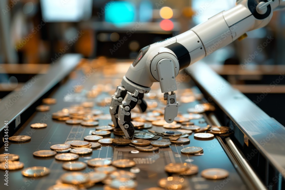 Poster a robotic arm skillfully organizes numerous coins scattered across a conveyor belt in a high-tech au