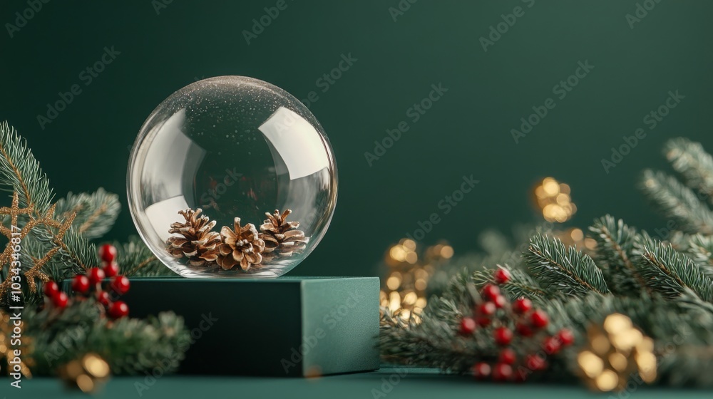 Fototapete a snow globe with three pine cones sits on a green square surface in front of a green background. th