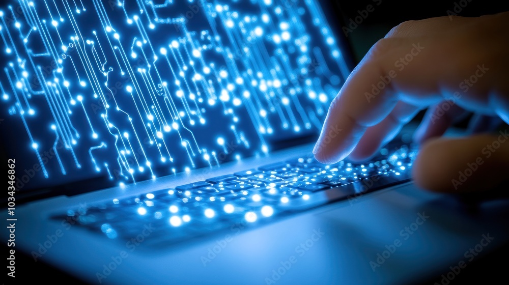 Poster a hand typing on a laptop with glowing circuit board background