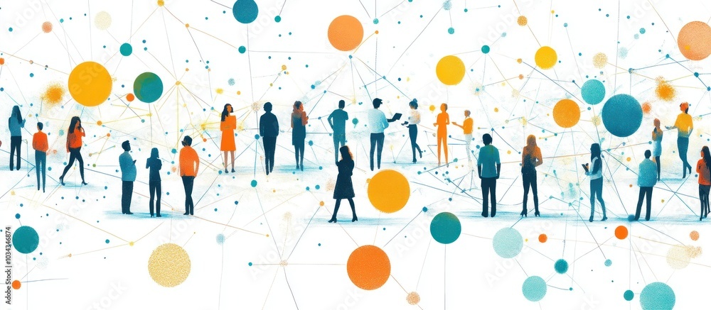Poster a network of people connected by lines and circles representing a social network or interconnectedne