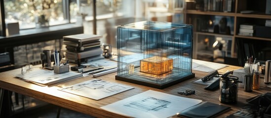 Obraz premium An architect's desk with a model of a building inside a glass case.