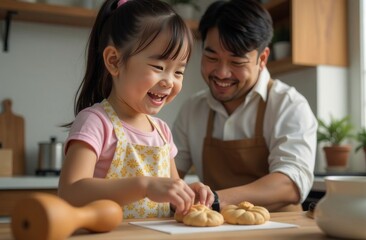Fototapeta premium Young Asian father and daughter in the kitchen having fun baking, laughing, great relationship