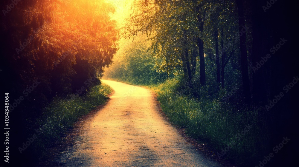 Poster a winding path through a sunlit forest