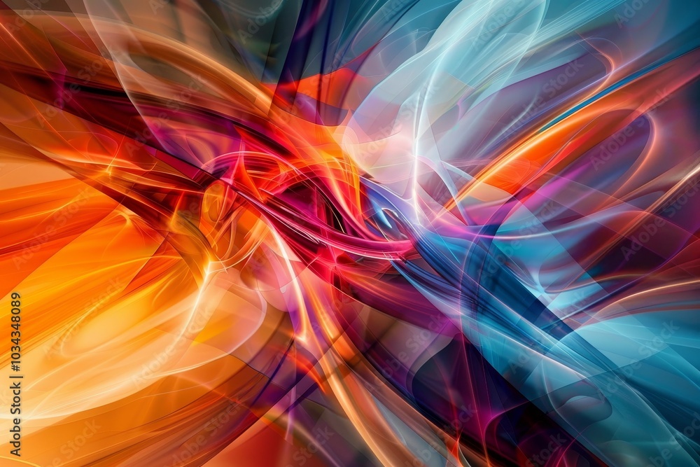 Poster an artistic display of swirling colors, blending vibrant hues of orange, blue, and red, creating a m