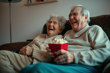 Two elderly people are sitting on a couch, laughing