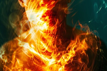 Fototapeta premium This striking artwork portrays a figure partially covered in swirling flames, symbolizing passion and transformation against a dark backdrop.