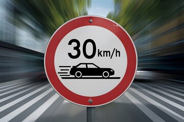 Red and White Circular Speed Limit Sign Featuring Moving Car in Blurred City Street Scene.
