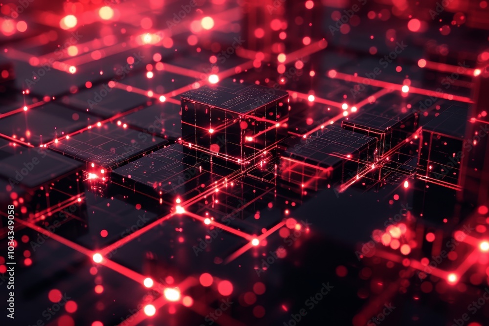 Poster glowing red particles fill the dark space, forming a network of interconnected cubes, showcasing an 