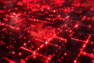 This artwork showcases a vivid red digital environment filled with intricate circuits and luminous data points, creating a sense of depth and technology.