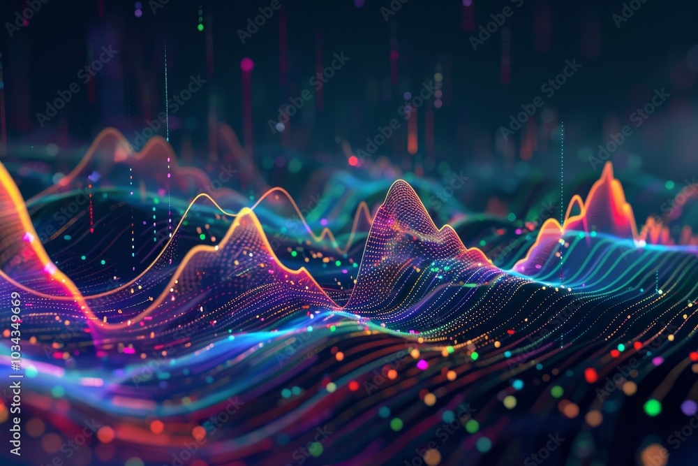 Poster Vibrant lines and colorful dots create dynamic wave patterns visually representing sound frequencies against a dark backdrop.