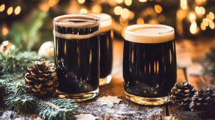 Festive drinks with pine cones on a wooden table