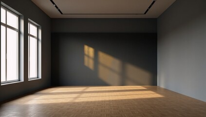 Obraz premium Minimalist gallery showcases large dark gray wall illuminated by golden light surrounded by expansive panoramic windows and a grey-toned parquet floor