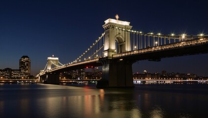 Obraz premium Cityscape featuring iconic bridge at night with shimmering reflections