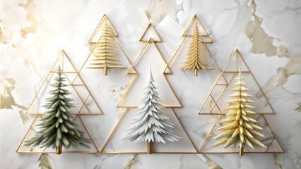 minimalist art from gold and white Christmas trees with gold geometric background, 3d style, New Year
