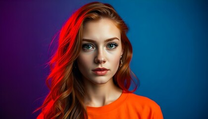 A young Caucasian woman with long, wavy red hair and green eyes,  against a blue background with red lighting