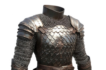 Closeup of a medieval knight's chest armor, featuring chainmail and plate, isolated on transparent or white background