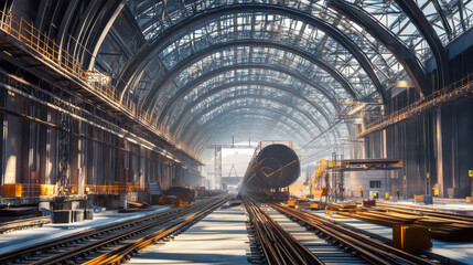 Fototapeta premium Construction progress of a modern railway station with extensive arches and tracks in bright daylight