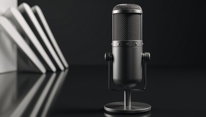 A podcast-style microphone is placed against a 3D rendered backdrop