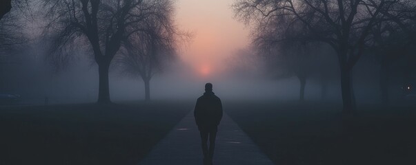 A lone figure walks into a misty sunrise.