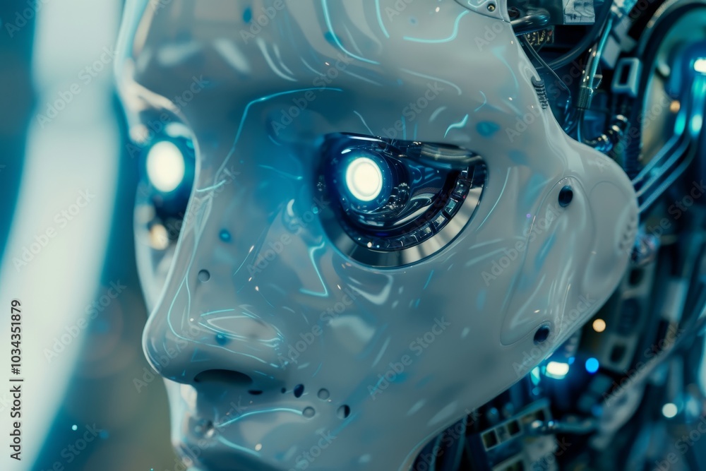 Poster the close-up view captures the intricate details of a humanoid robot's face, featuring glowing eyes 
