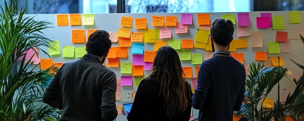 Three people looking at sticky notes on a wall.