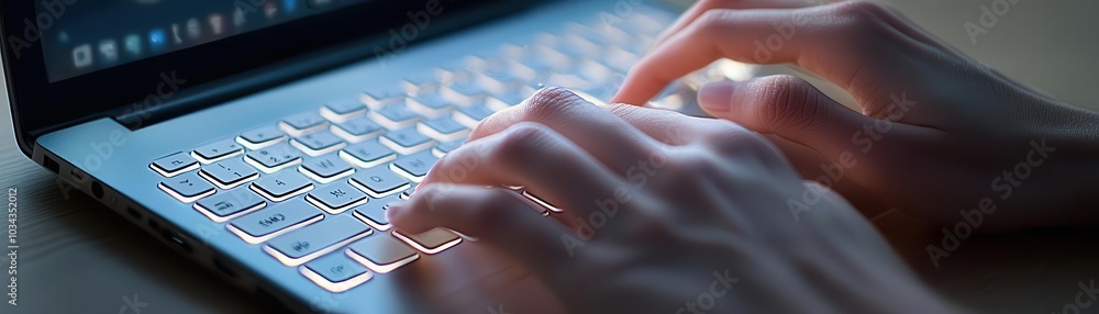 Poster a close-up of hands typing on a laptop keyboard, showcasing the illuminated keys and a focused work 