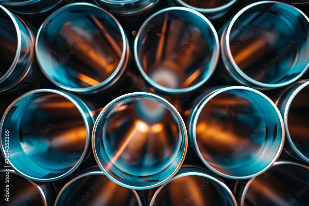 Poster metallic tubes arranged closely together capture warm light, creating a vibrant visual contrast in a
