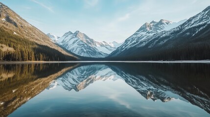 Serene mountain lake reflecting snow-capped peaks.