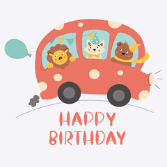 Hand drawn happy birthday card with funny animals in red auto and lettering Happy Birthday. Vector illustration. Isolated on white background.