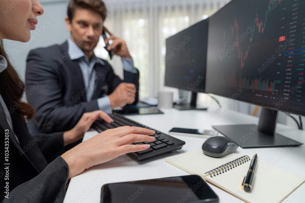 Poster a man broker calling trader businessman to inform high profit point of stock exchange in digital cur