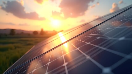 Close-up solar panels, sun rays against modern landscape