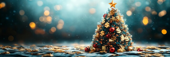 A Christmas tree adorned with dollar signs and financial symbols, surrounded by festive bokeh lights. Conceptual image for finance, savings, and holiday spending.