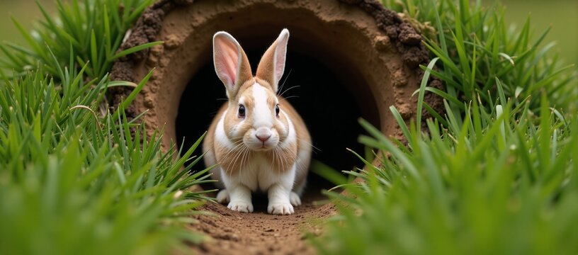 Rabbit exits burrow entrance