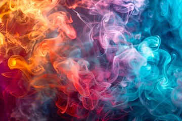 Fototapeta premium Swirls of colorful smoke dance together, creating a mesmerizing visual effect with vibrant shades of orange, pink, and blue on a dark backdrop.