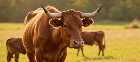 A detailed portrait featuring an Angus cow with distinctive features face horns and life stage calfsteerbull in a pastoral setting created using advanced technology