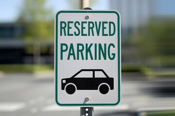 Green and White Reserved Parking Sign Featuring a Black Car, Set Against a Blurred Park Background.